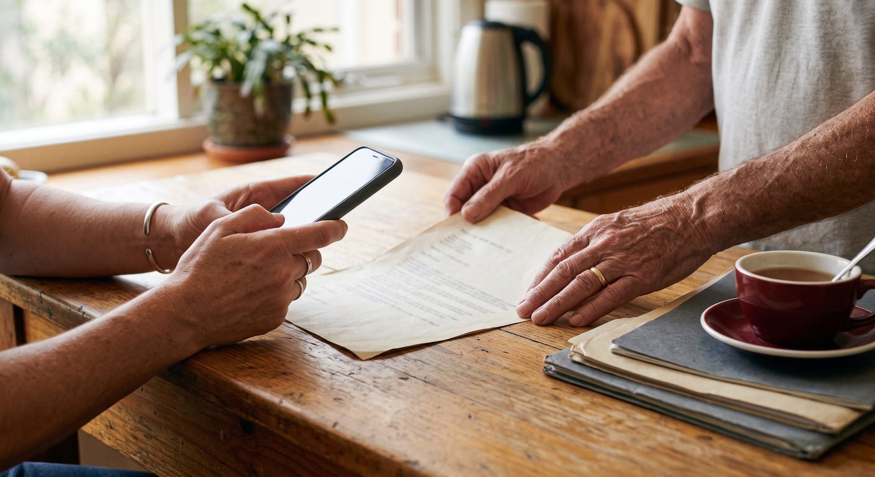 At a kitchen table, an older person holds a document flat while their adult child photographs it with a phone.